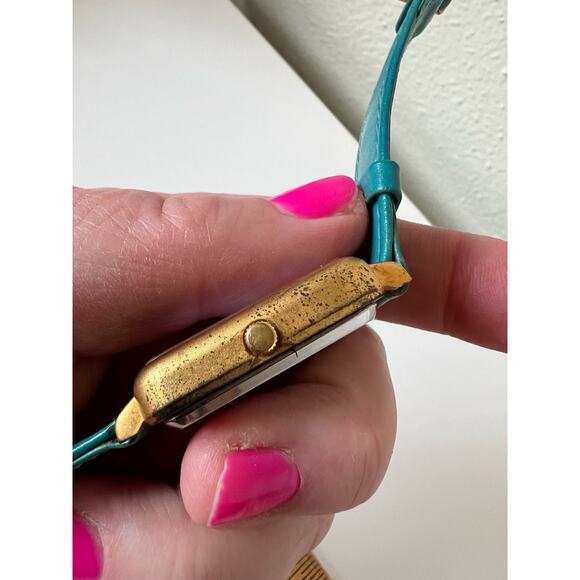 Rare Vintage Laurel Burch Wild Cat Watch Teal Strap Brushed Gold Case - Picture 4 of 8